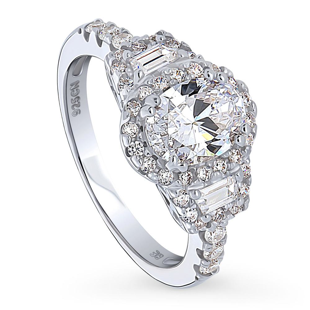 Front view of 3-Stone Halo Art Deco 1.2ct Oval CZ Ring in Sterling Silver, 4 of 10