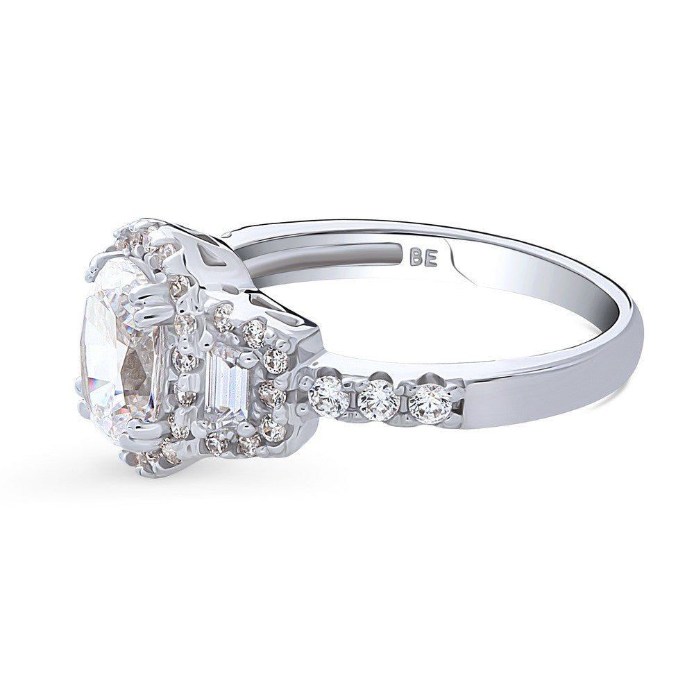 Angle view of 3-Stone Halo Art Deco 1.2ct Oval CZ Ring in Sterling Silver, 5 of 10