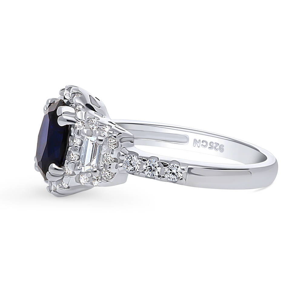 Angle view of 3-Stone Halo Art Deco Sapphire-Blue CZ Ring in Sterling Silver, 5 of 9