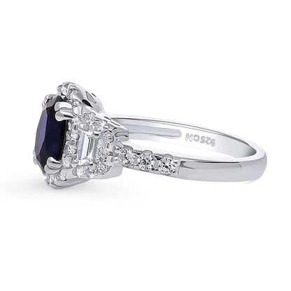 3-Stone Halo Art Deco Sapphire-Blue CZ Ring in Sterling Silver