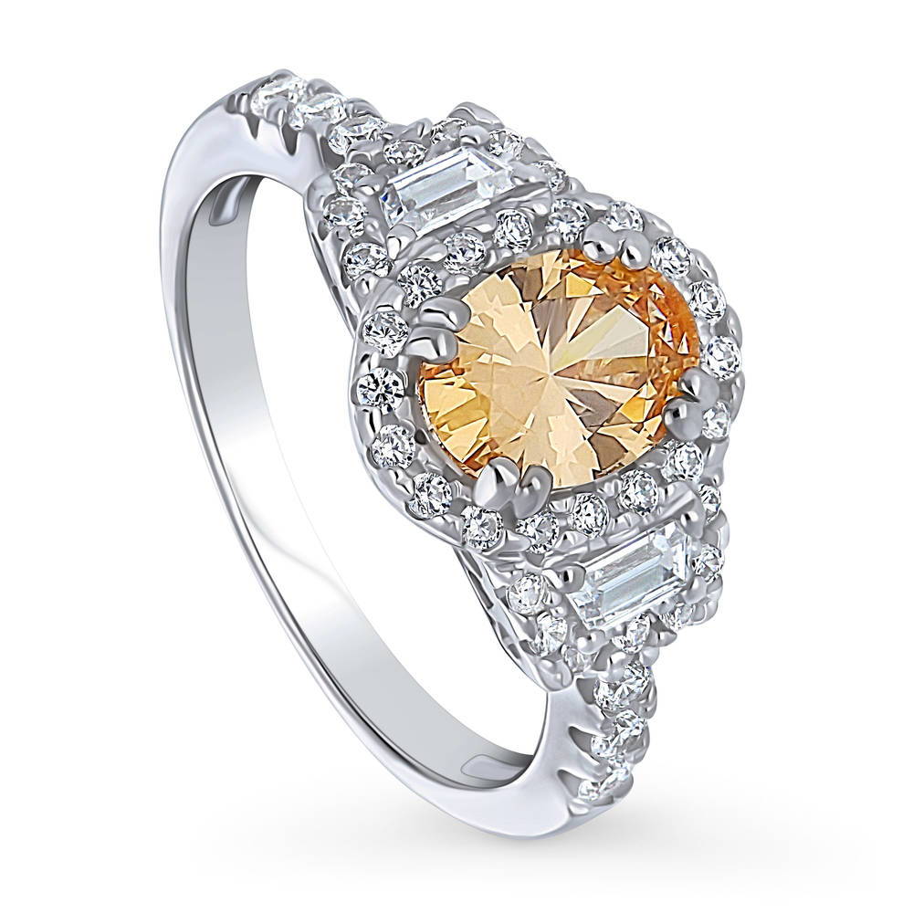 3-Stone Halo Yellow Oval CZ Ring in Sterling Silver