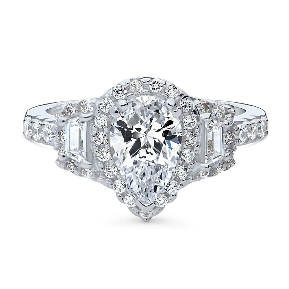 3-Stone Halo Pear CZ Ring in Sterling Silver