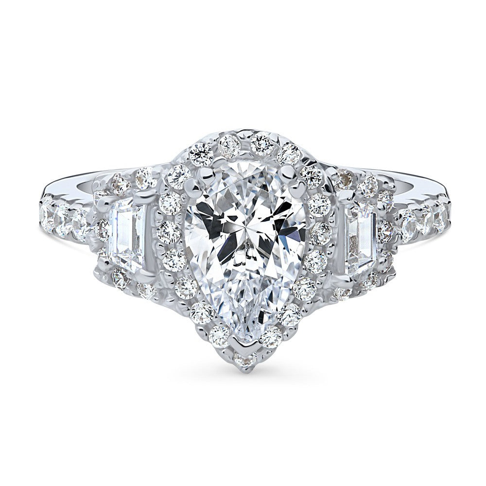 3-Stone Halo Art Deco 1.3ct Pear CZ Ring in Sterling Silver