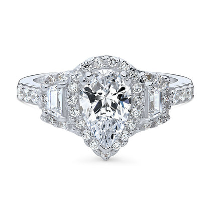 3-Stone Halo Art Deco 1.3ct Pear CZ Ring in Sterling Silver