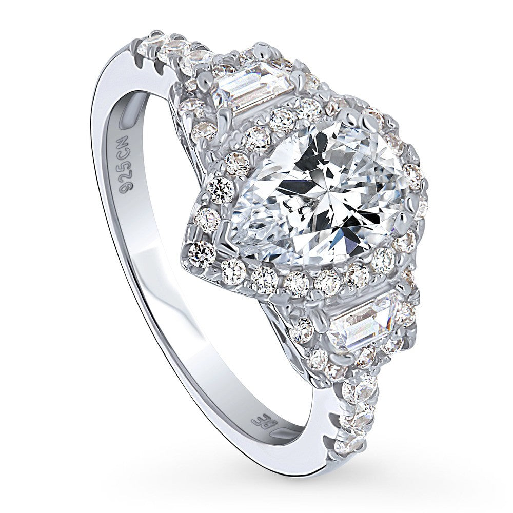 3-Stone Halo Art Deco 1.3ct Pear CZ Ring in Sterling Silver