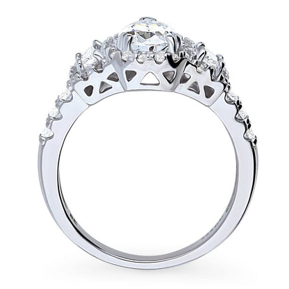 3-Stone Halo Art Deco 1.3ct Pear CZ Ring in Sterling Silver