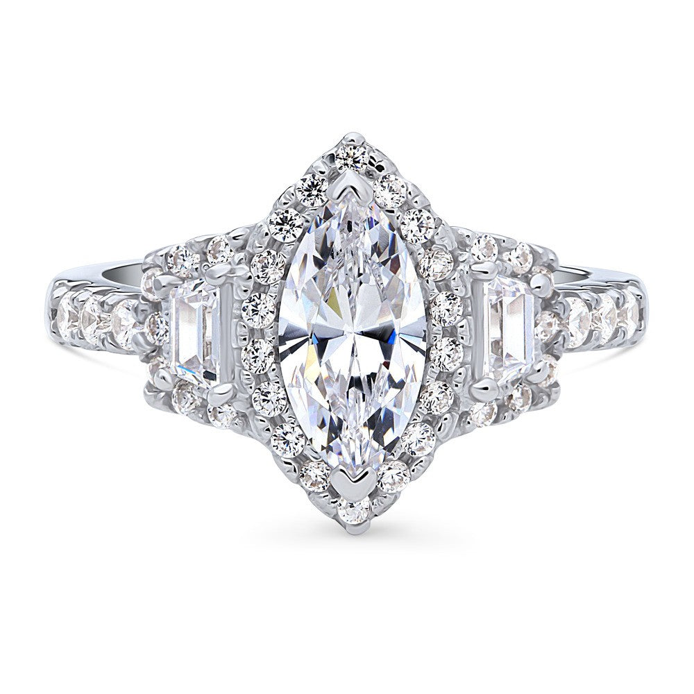3-Stone Halo Art Deco 1ct Marquise CZ Ring in Sterling Silver