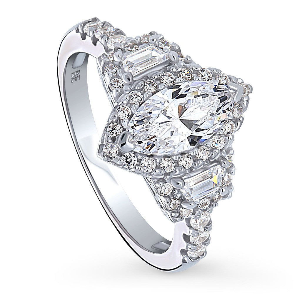 3-Stone Halo Marquise CZ Ring in Sterling Silver