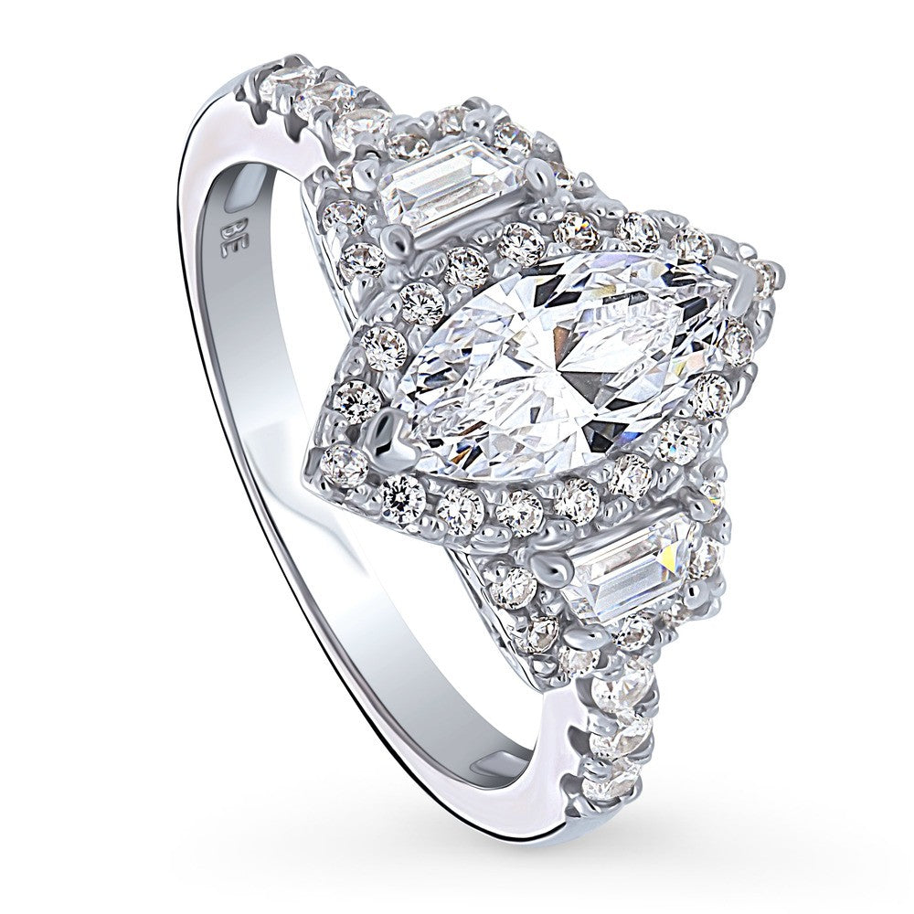 Front view of 3-Stone Halo Art Deco 1ct Marquise CZ Ring in Sterling Silver, 4 of 10