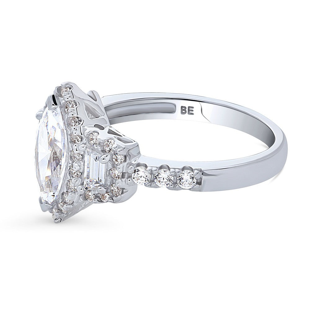 Angle view of 3-Stone Halo Art Deco 1ct Marquise CZ Ring in Sterling Silver, 5 of 10