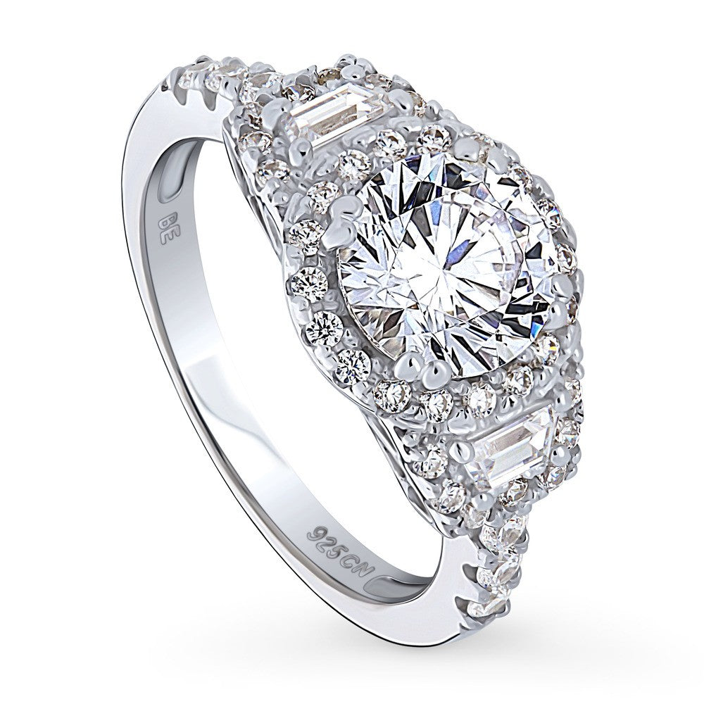 Front view of 3-Stone Halo Art Deco 1.6ct CZ Ring in Sterling Silver, 4 of 10