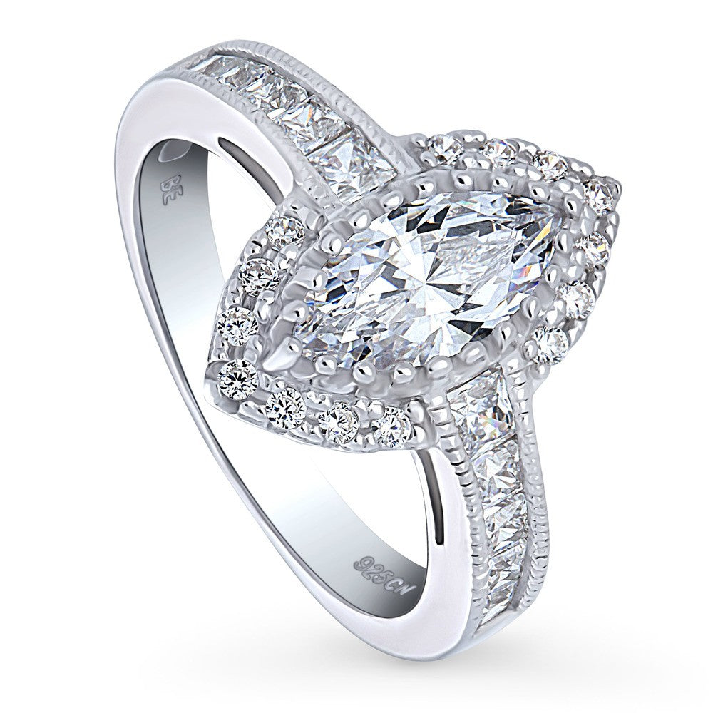 Front view of Halo Milgrain Marquise CZ Ring in Sterling Silver, 4 of 8