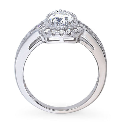 Halo Milgrain Pear CZ Ring in Sterling Silver