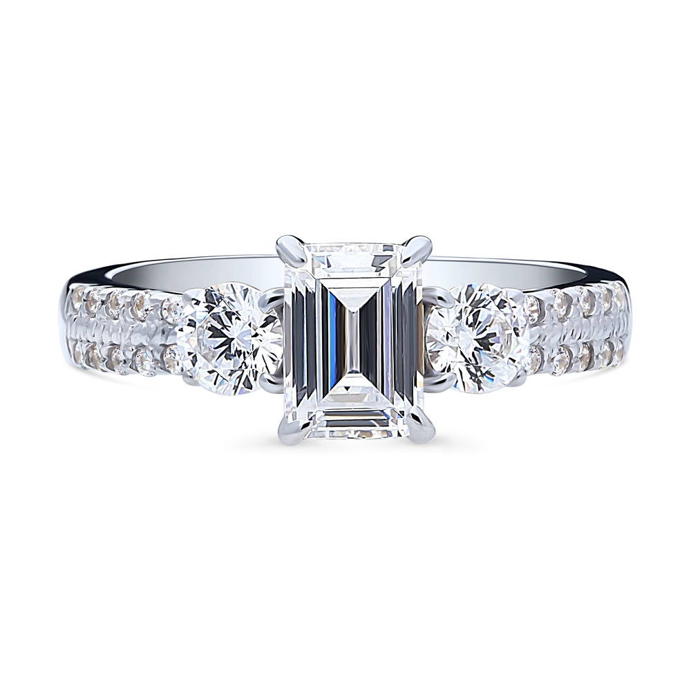 3-Stone 1ct Emerald Cut CZ Ring in Sterling Silver, 1 of 8