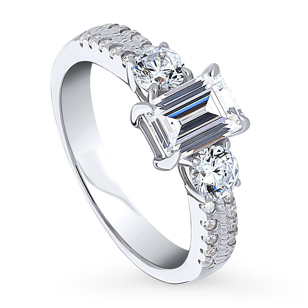 Front view of 3-Stone 1ct Emerald Cut CZ Ring in Sterling Silver, 4 of 8
