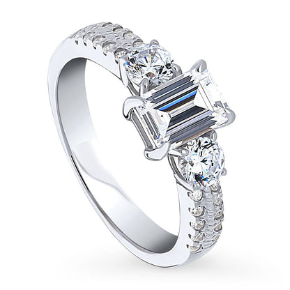 3-Stone 1ct Emerald Cut CZ Ring in Sterling Silver