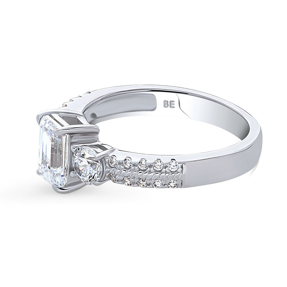 Angle view of 3-Stone 1ct Emerald Cut CZ Ring in Sterling Silver, 5 of 8