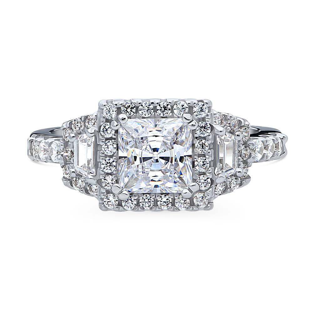 Halo 3-Stone Art Deco 1.2ct Princess CZ Ring in Sterling Silver, 1 of 10