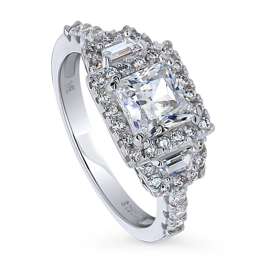 Halo 3-Stone Princess CZ Ring in Sterling Silver