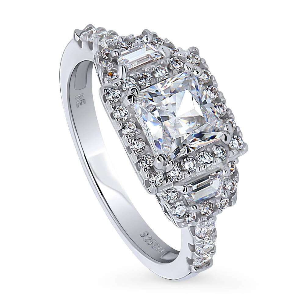Front view of Halo 3-Stone Art Deco 1.2ct Princess CZ Ring in Sterling Silver, 4 of 10