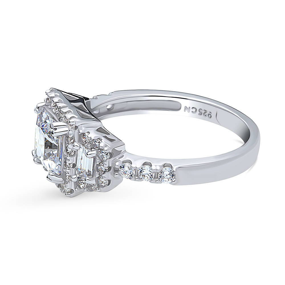 Angle view of Halo 3-Stone Art Deco 1.2ct Princess CZ Ring in Sterling Silver, 5 of 10