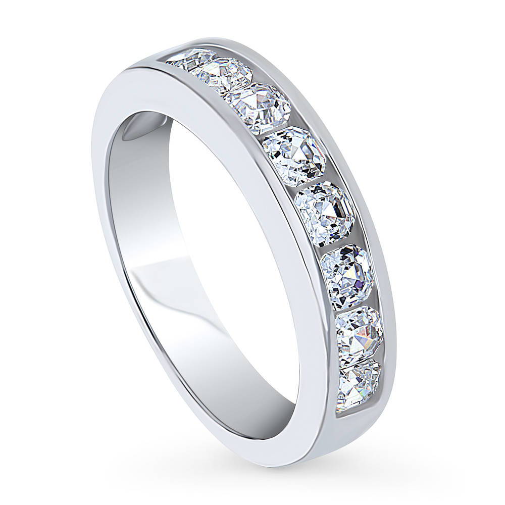 Front view of Channel Set Asscher CZ Half Eternity Ring in Sterling Silver, 4 of 12