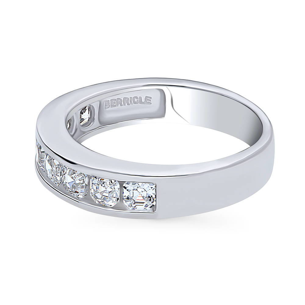Angle view of Channel Set Asscher CZ Half Eternity Ring in Sterling Silver, 5 of 12