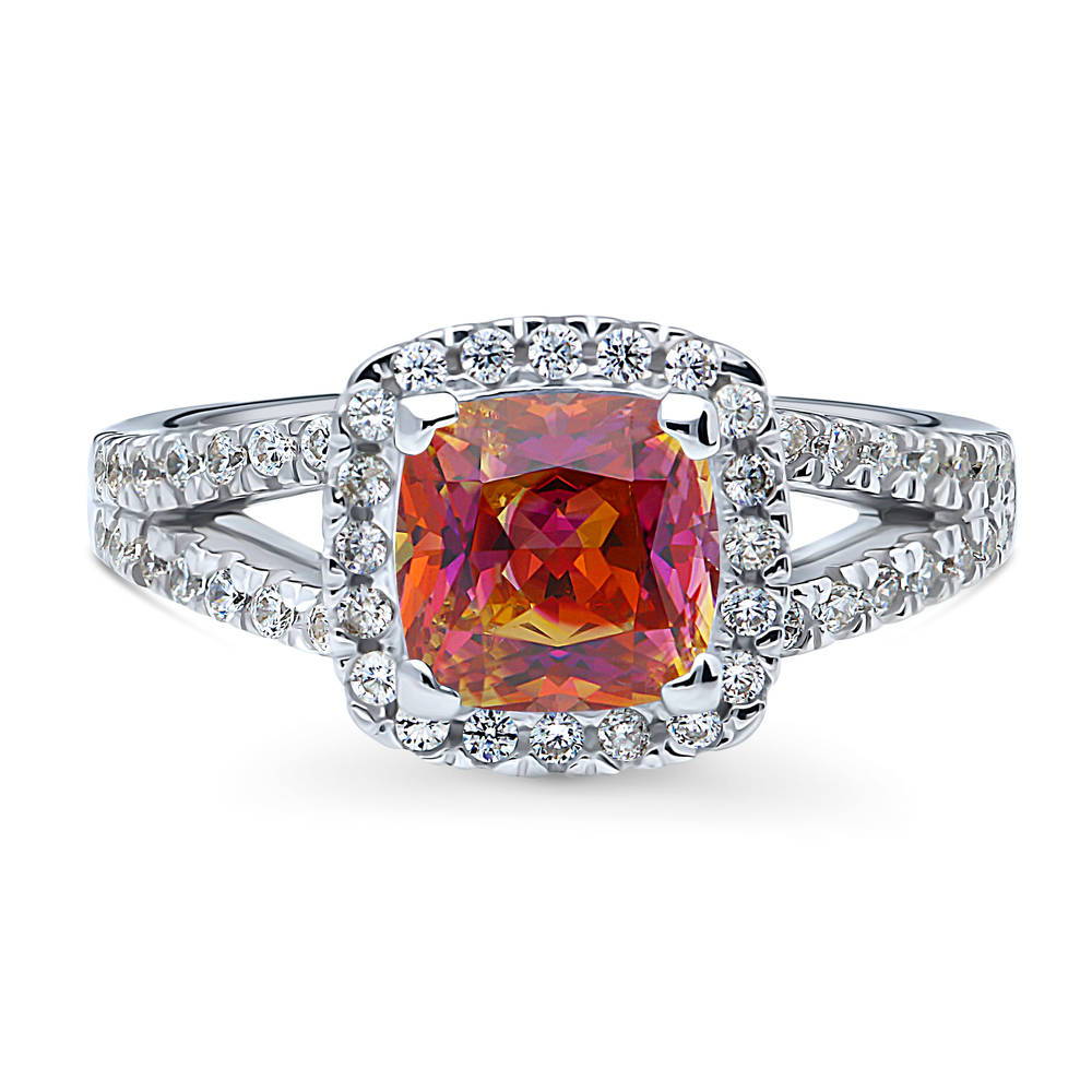 Halo Red Orange Cushion CZ Split Shank Ring in Sterling Silver, 1 of 8