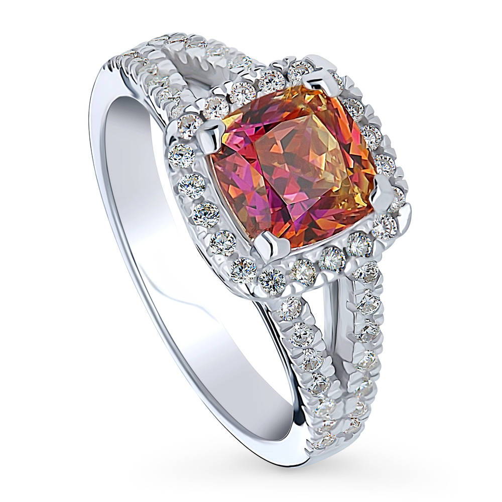 Front view of Halo Red Orange Cushion CZ Split Shank Ring in Sterling Silver, 4 of 8