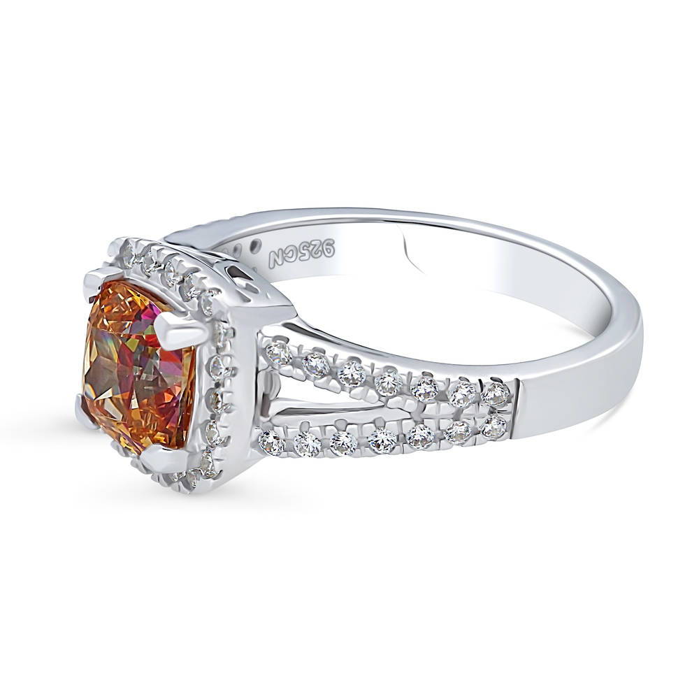 Angle view of Halo Red Orange Cushion CZ Split Shank Ring in Sterling Silver, 5 of 8