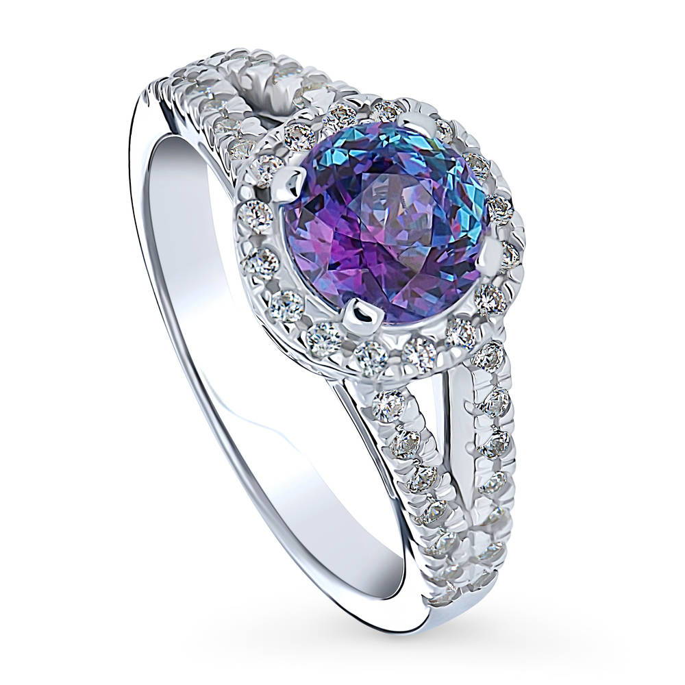 Halo Purple Aqua CZ Split Shank Ring in Sterling Silver