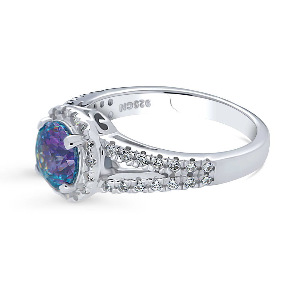 Angle view of Halo Purple Aqua CZ Split Shank Ring in Sterling Silver, 5 of 8