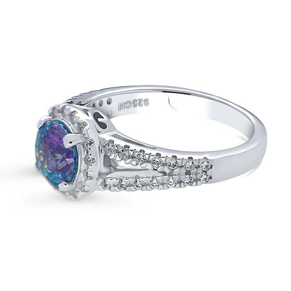 Halo Purple Aqua CZ Split Shank Ring in Sterling Silver