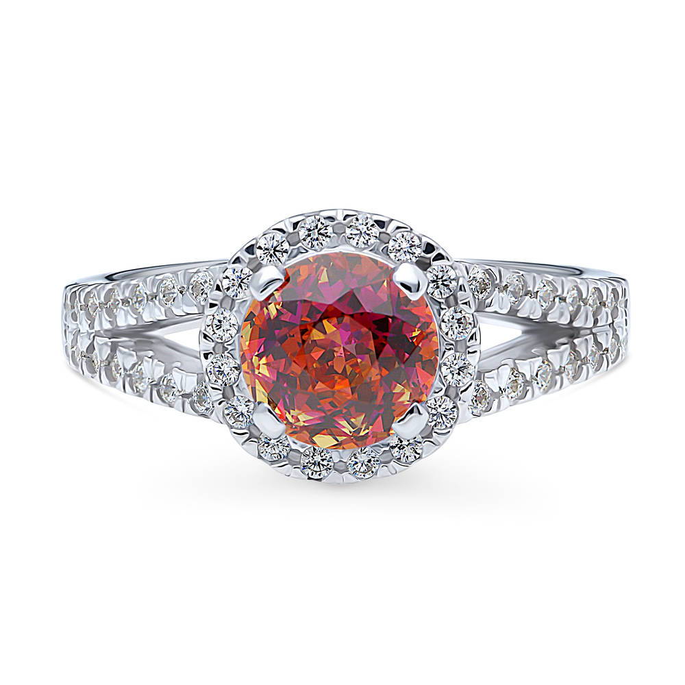 Halo Red Orange CZ Split Shank Ring in Sterling Silver