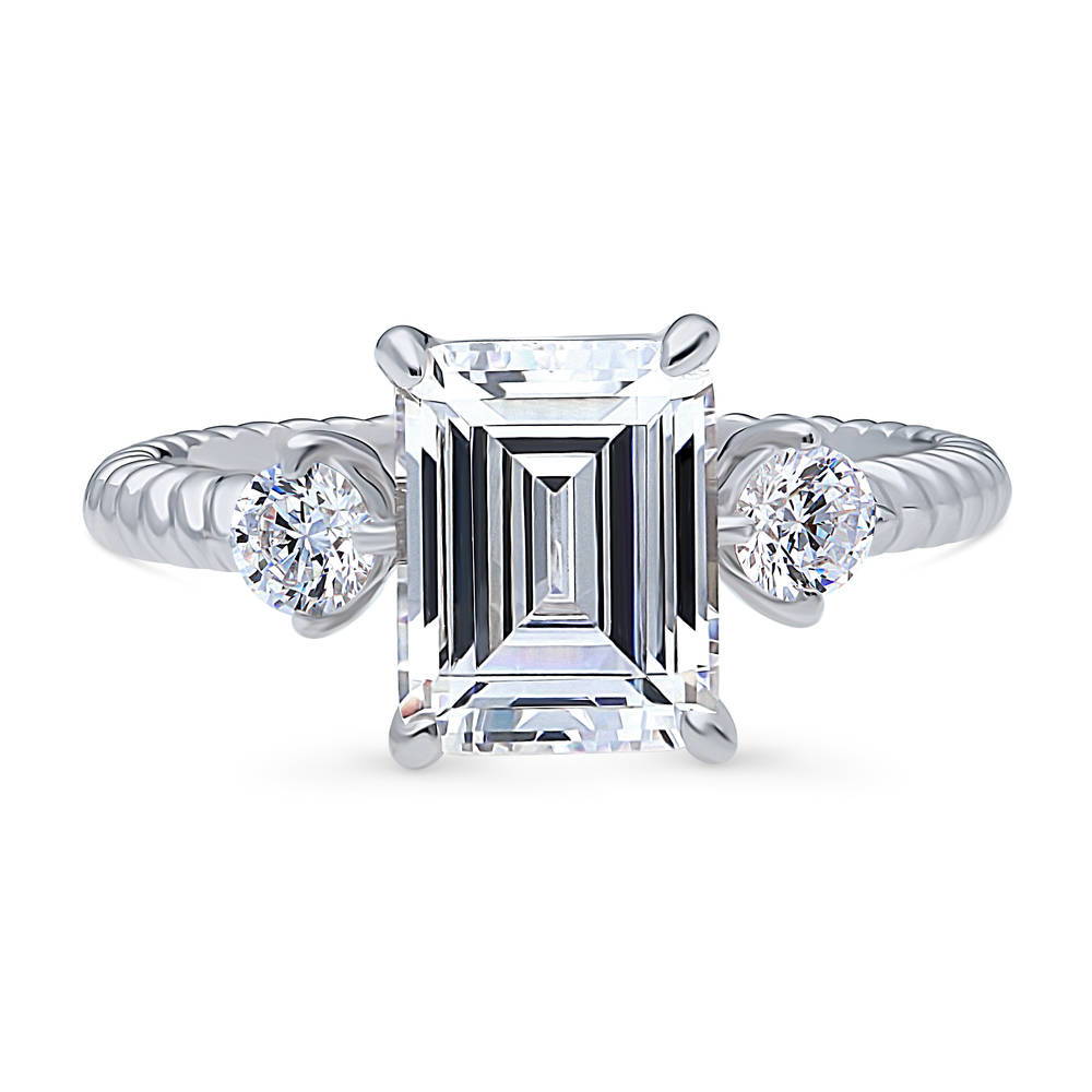 3-Stone Woven 2.6ct Emerald Cut CZ Ring in Sterling Silver, 1 of 9
