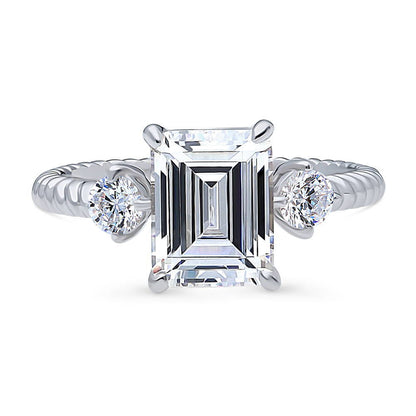 3-Stone Woven 2.6ct Emerald Cut CZ Ring in Sterling Silver