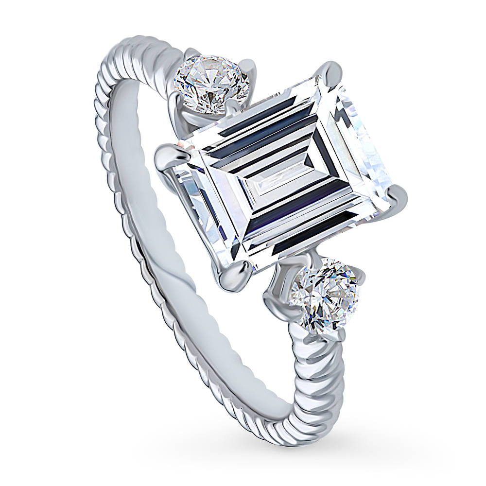 Front view of 3-Stone Woven 2.6ct Emerald Cut CZ Ring in Sterling Silver, 4 of 9