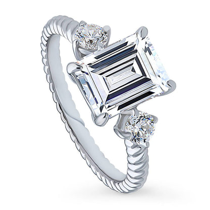 3-Stone Woven 2.6ct Emerald Cut CZ Ring in Sterling Silver