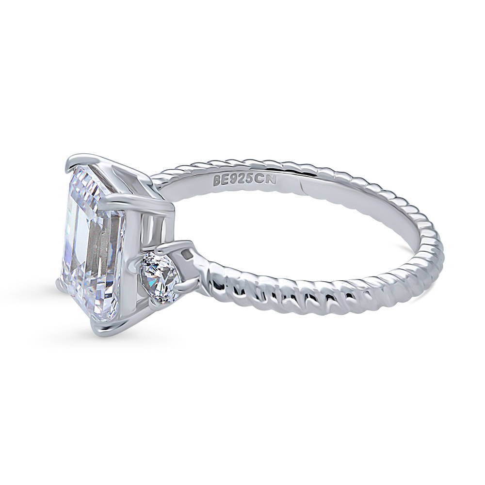 Angle view of 3-Stone Woven 2.6ct Emerald Cut CZ Ring in Sterling Silver, 5 of 9