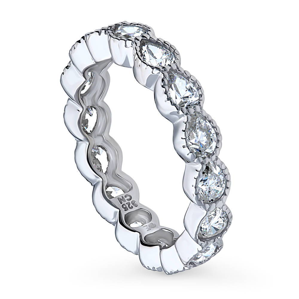 Front view of Milgrain Bezel Set Pear CZ Eternity Ring in Sterling Silver, 4 of 7