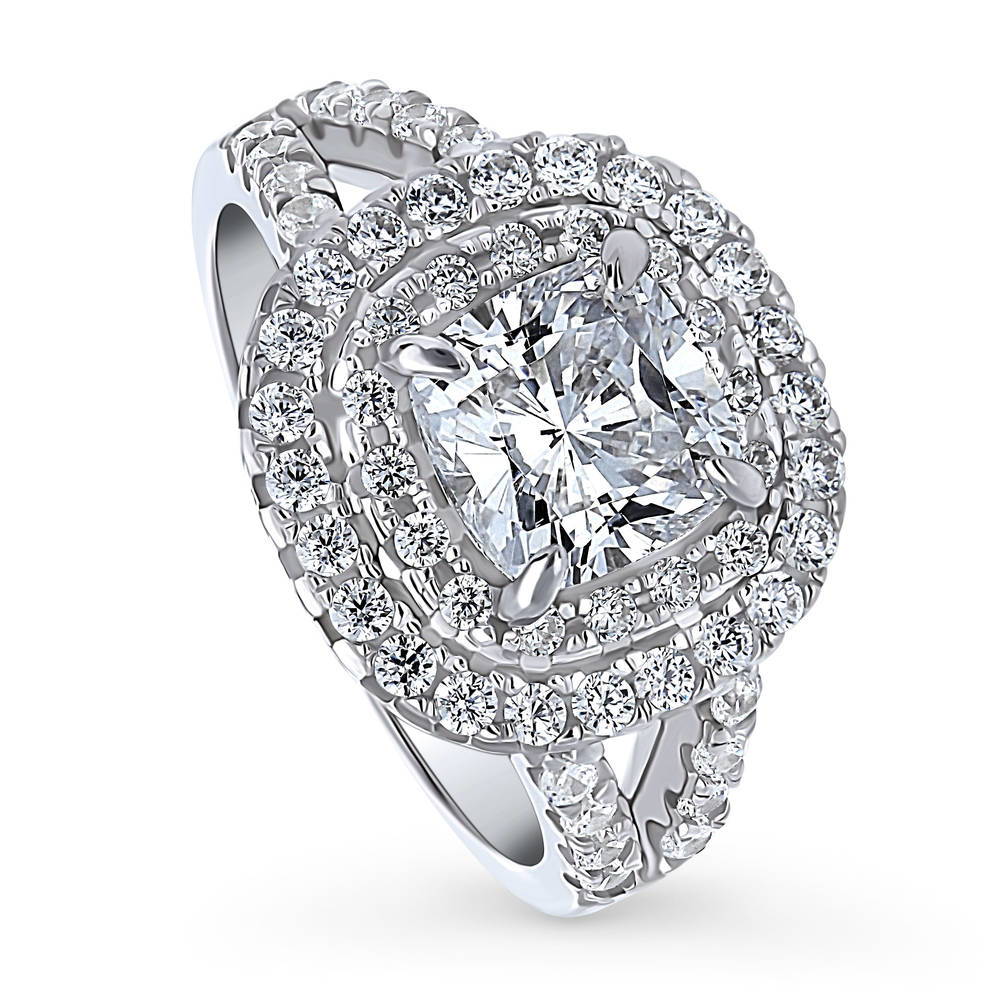 Front view of Halo Cushion CZ Split Shank Ring in Sterling Silver, 4 of 8