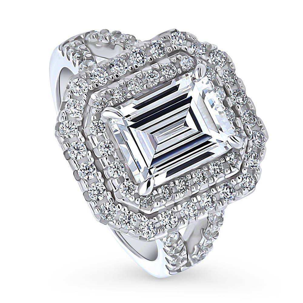 Halo Emerald Cut CZ Statement Split Shank Ring in Sterling Silver