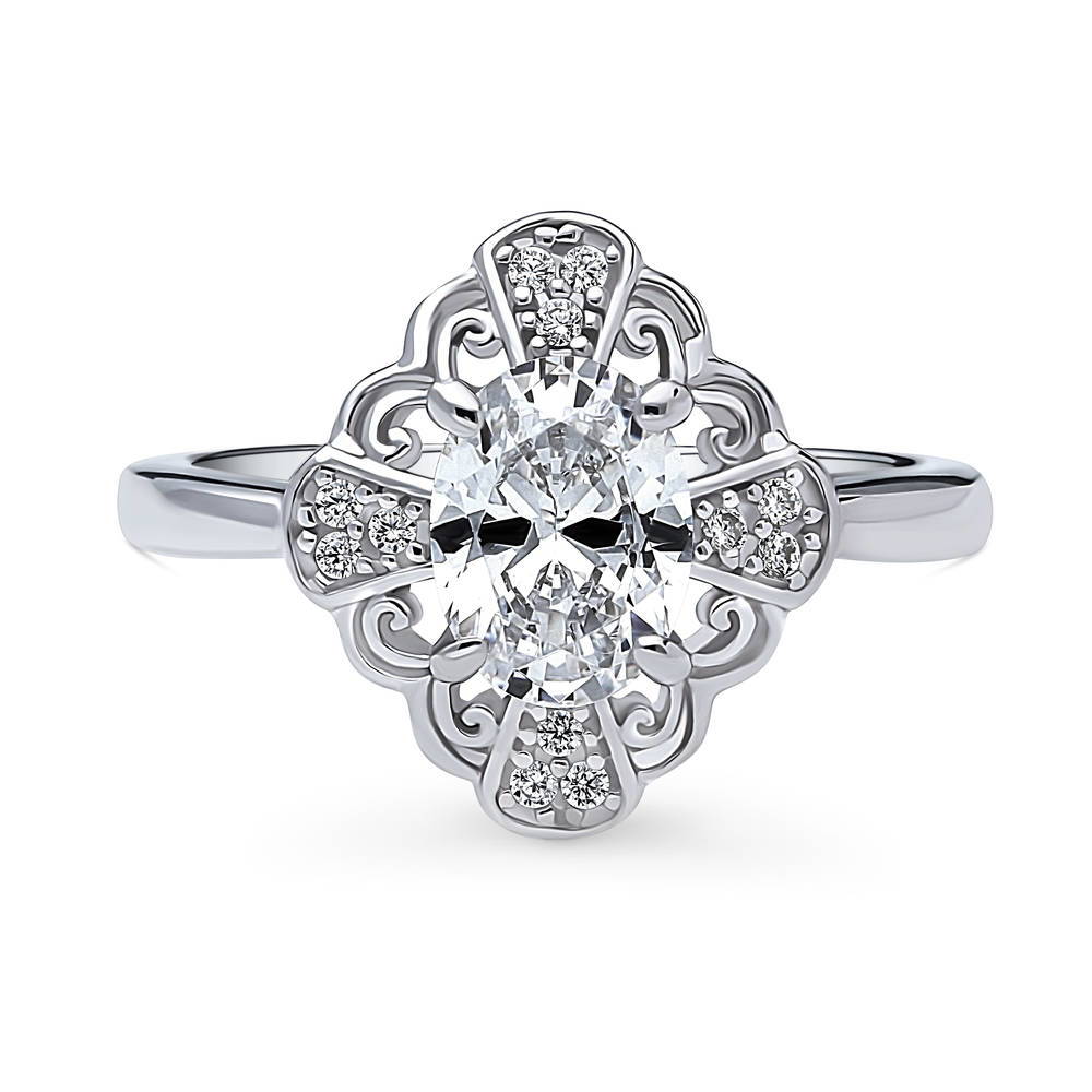Halo Flower Art Deco Oval CZ Ring in Sterling Silver