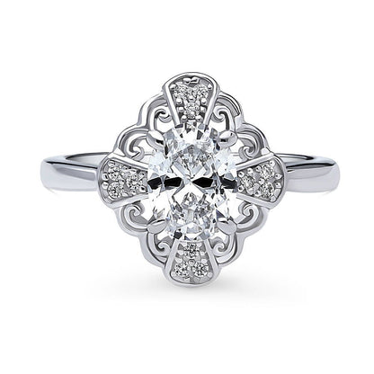 Halo Flower Art Deco Oval CZ Ring in Sterling Silver