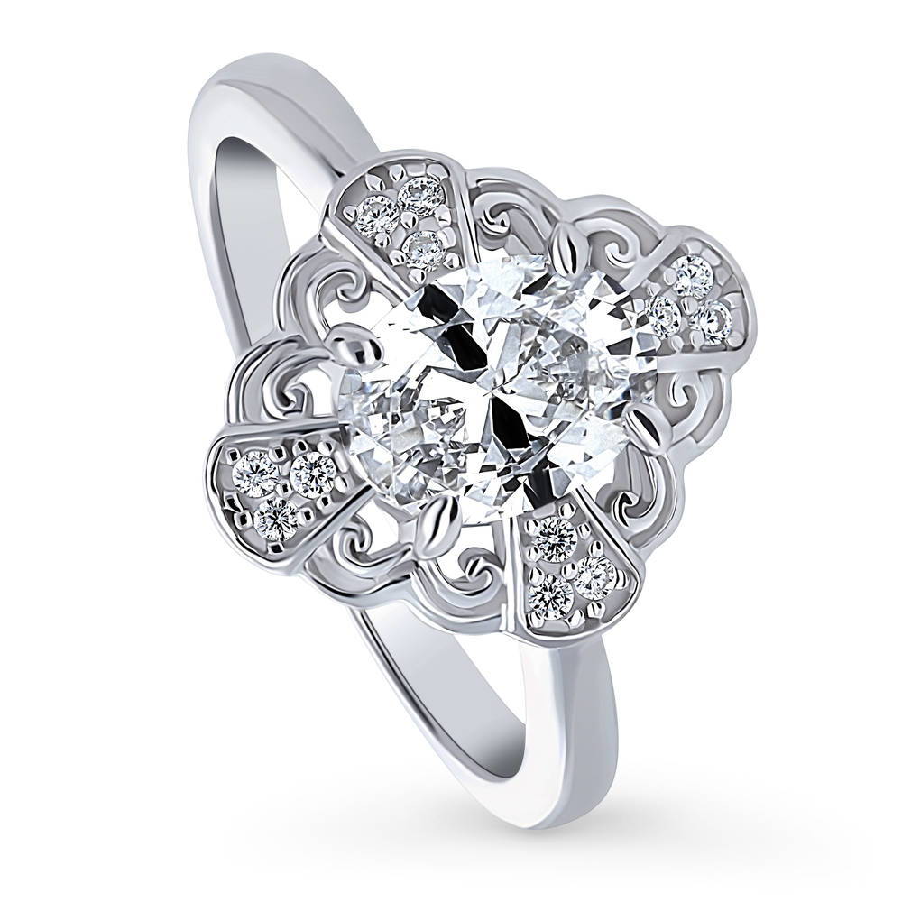 Front view of Halo Flower Art Deco Oval CZ Ring in Sterling Silver, 4 of 8