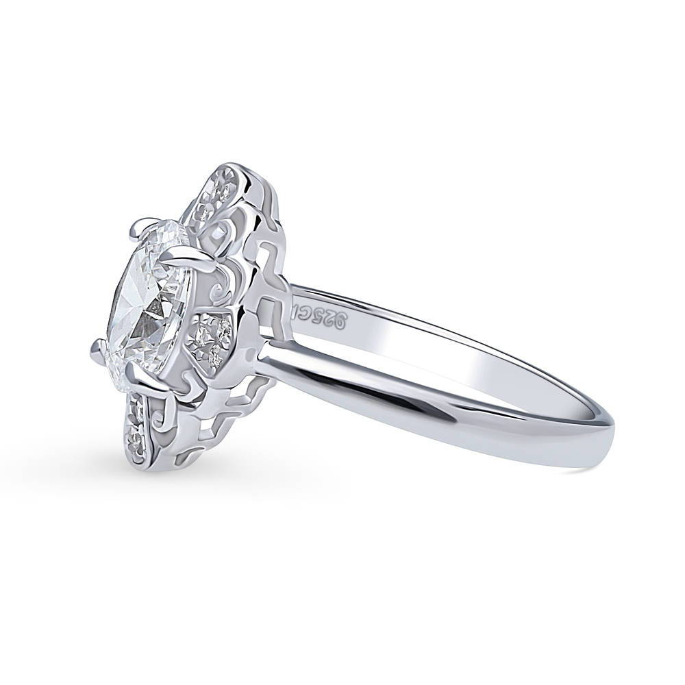 Angle view of Halo Flower Art Deco Oval CZ Ring in Sterling Silver, 5 of 8