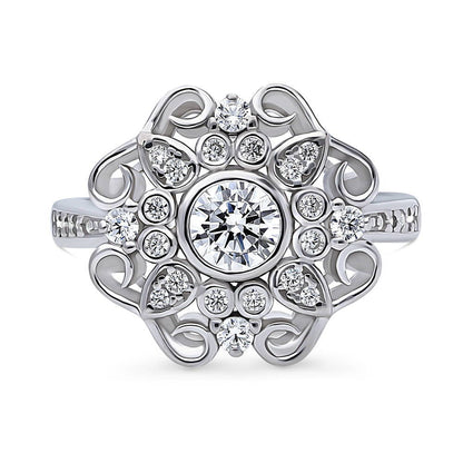 Halo Flower Art Deco CZ Ring in Sterling Silver