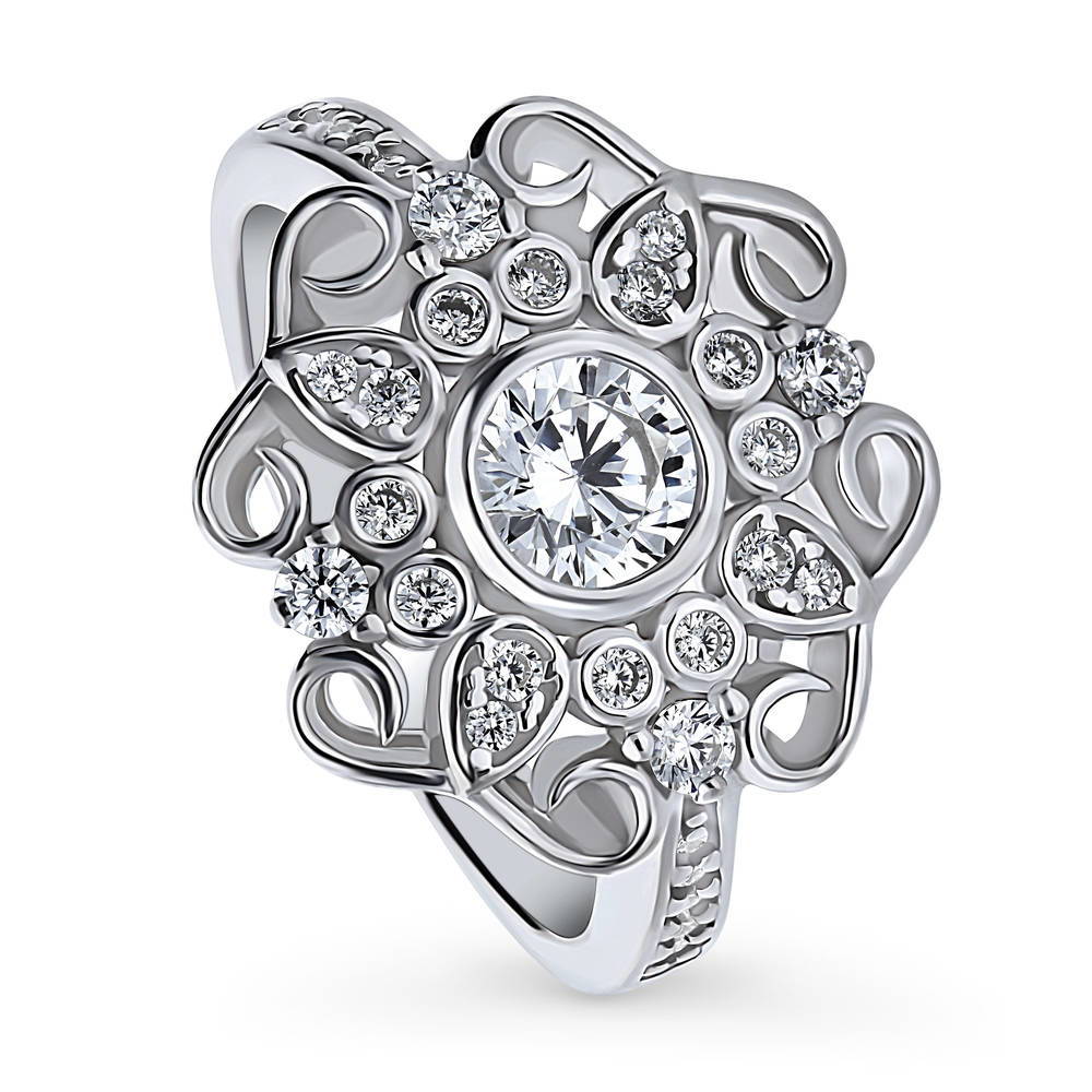 Halo Flower Round CZ Ring in Sterling Silver