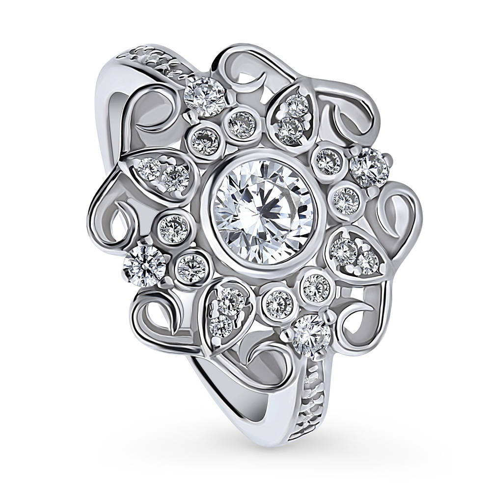 Front view of Halo Flower Art Deco CZ Ring in Sterling Silver, 4 of 8