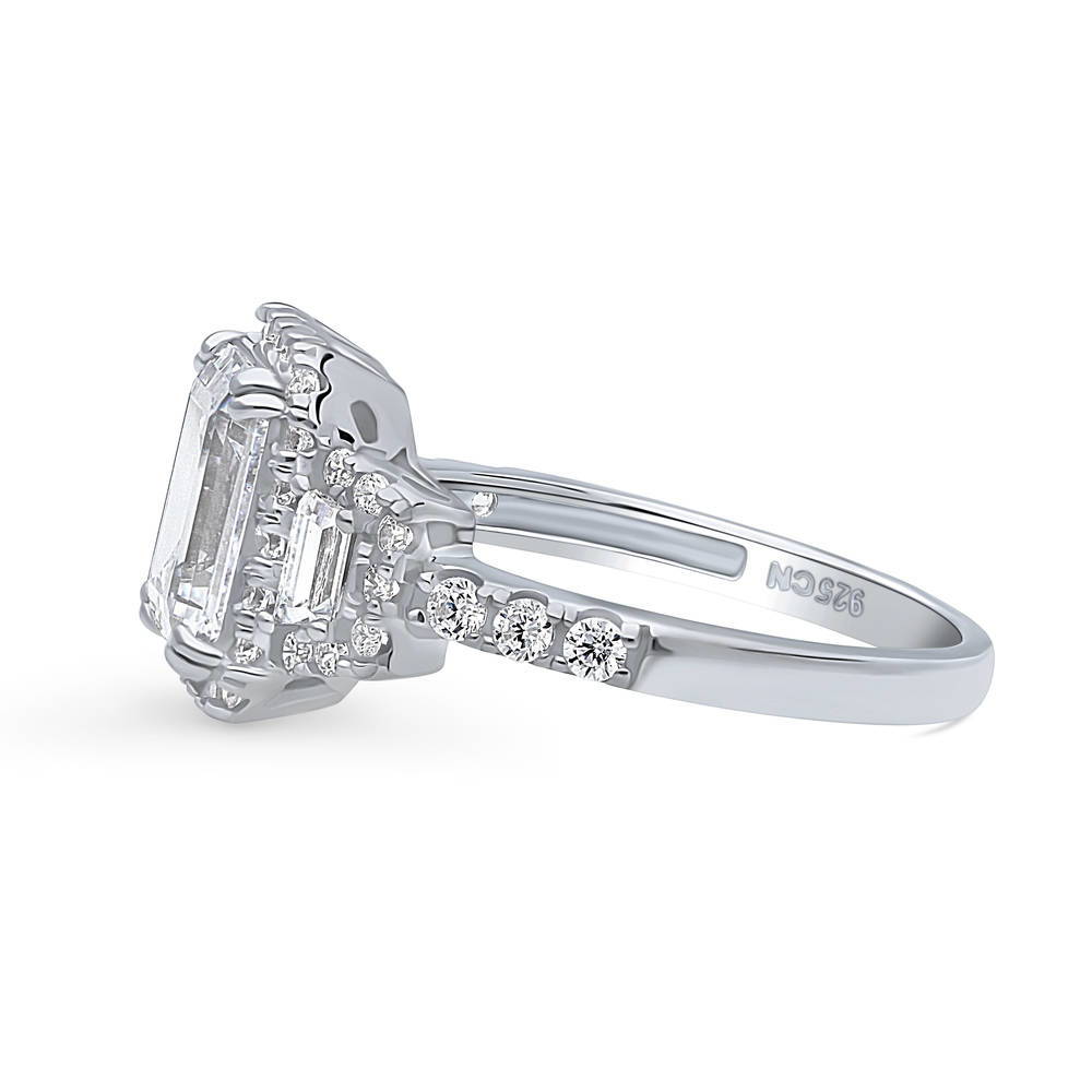 3-Stone Halo Step Emerald Cut CZ Ring in Sterling Silver